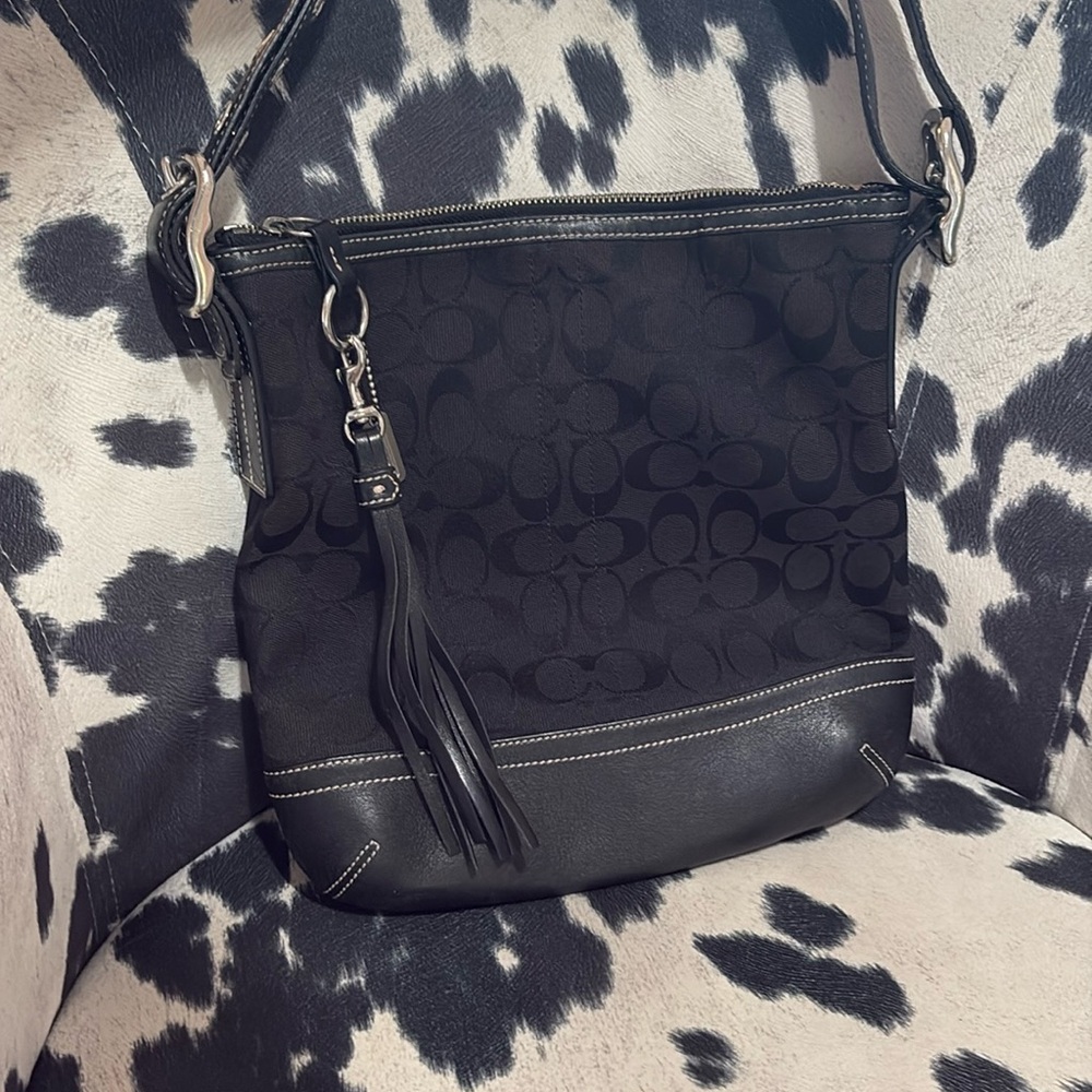 Coach Black Signature Shoulder Bag with Tassel Detail